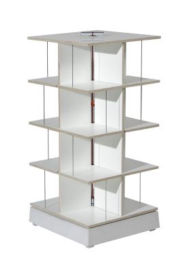 Weißes Moormann Musikstapler CD-Regal aus Holz mit vier Ebenen und Stahlseilen.